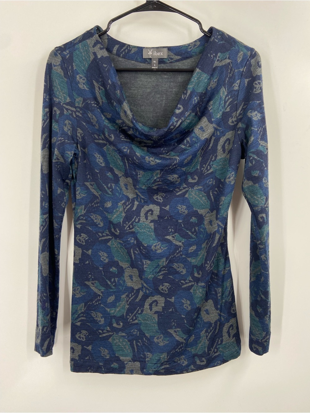 Ibex Diana Blue Abstract Floral Cowl Neck Lightweight Merino Wool Top Small